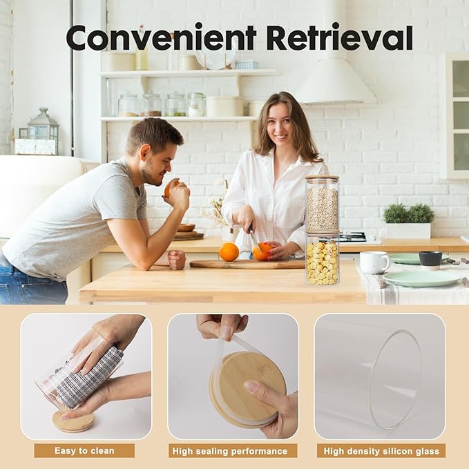 YUNCANG Glass Food Storage Jars 37oz [Set of 6],Clear Glass Food Storage Containers with Airtight Bamboo Lid Stackable Kitchen Canisters for Candy,Cookie,Rice,Sugar,Flour,Pasta