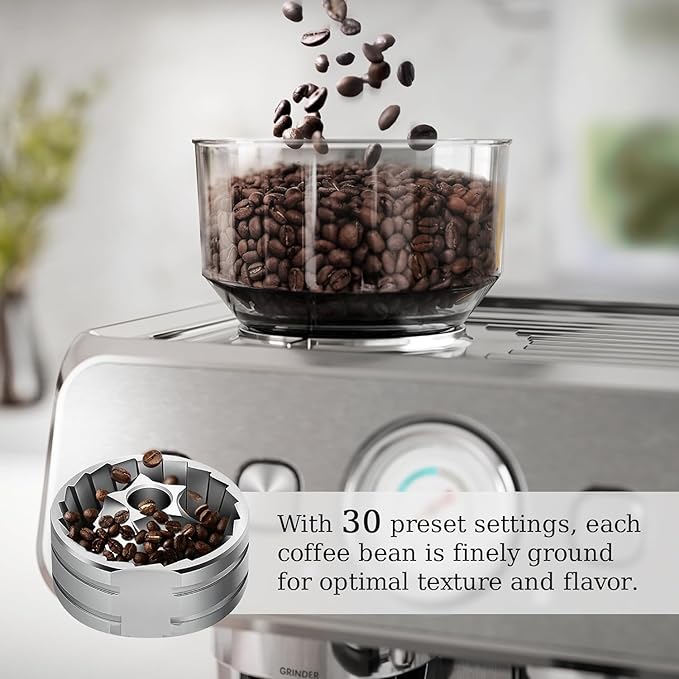 Kismile Espresso Coffee Machine with Grinder, 20 Bar Automatic Espresso Machine with Milk Frother Steam Wand, Removable Water Tank for Latte & Cappuccino(Silver)