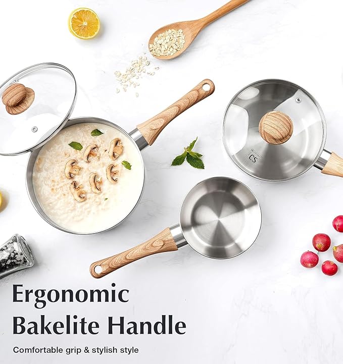 KOCH SYSTEME CS Stainless Steel Saucepan, 1 Quart Saucepan with Lid & Heat-resistant Bakelite Handle, Tri-ply Bottom Steel Sauce Pan with Lid, Induction Ready, Stainless Steel Pot 1QT