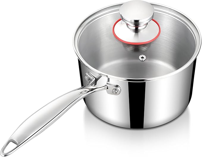 Homikit 3QT Saucepan with Lid, Tri-Ply Stainless Steel Sauce Pan, Induction Cooking Pot with Ergonomic Handle, Small Pot for Cooking, Warming Milk, Boiling Eggs, Dishwasher Safe