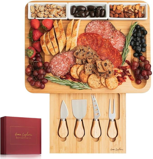Home Euphoria Large Bamboo Charcuterie Board and Knife Set - Cheese Board with Bowls, Beautiful Gift for Mom