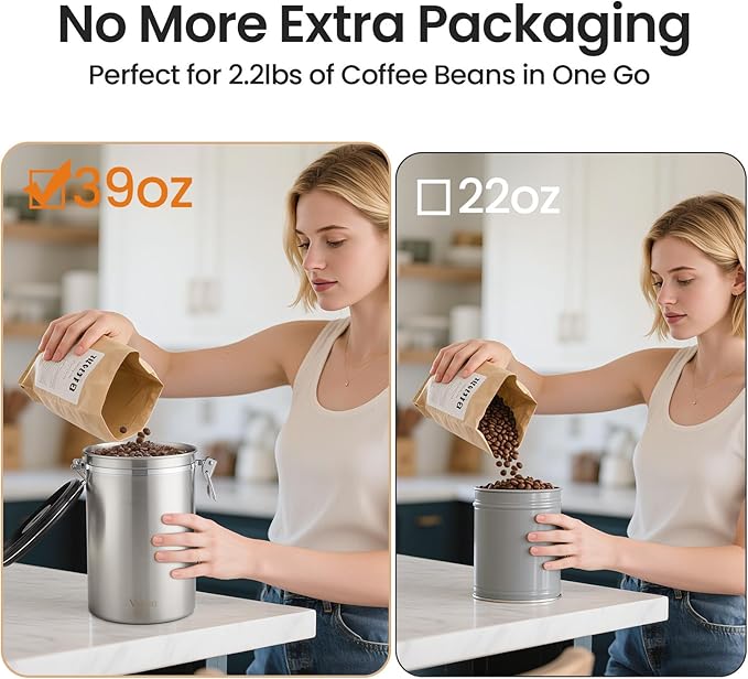 Veken Coffee Canister, 39OZ Large, Airtight Stainless Steel Food Storage Container for 2.2lbs Coffee Beans, Ground, Sugar, Tea, Flour, Cereal, Kitchen Bar Accessories with Date Tracker & Scoop, Silver