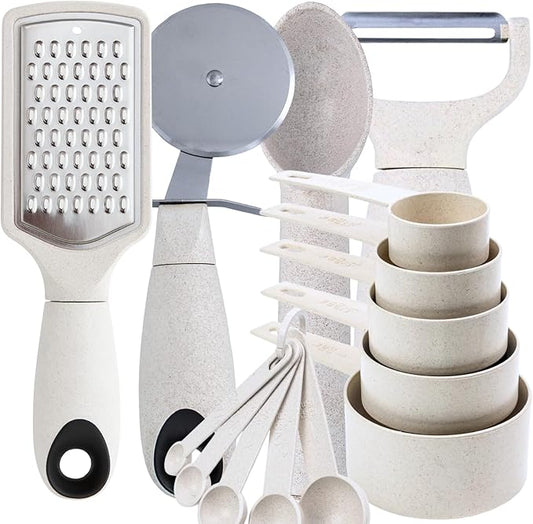 Beille 14pc Wheat Straw Kitchen Utensil Set Peeler Cutter Grater Spoons and Cups