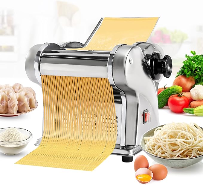 Dyna-Living Electric Pasta Maker Noodle Maker Machine Dough Spaghetti Roller Pressing Machine Thickness Adjustable Stainless Steel 135W for for Home Family Use (1.5mm round noodle+4mm flat noodle)