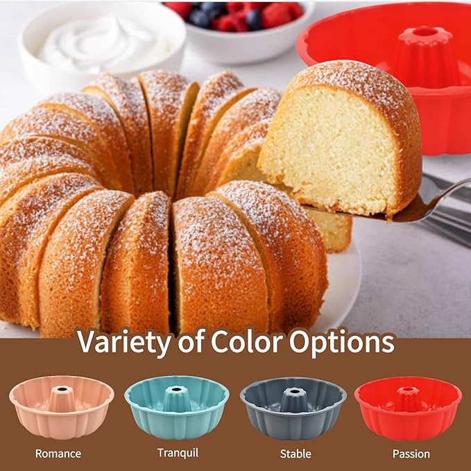 2 Pack Silicone Bundt Cake Pan Nonstick,10 Inch, Silicone Cake Molds,Pound Cake Pan, Baking for Jello,Gelatin,Cake,Brownie and Bread (Red+Red)