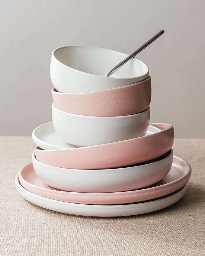 Famiware Milkyway Plates and Bowls Sets, 12 Pieces Dinnerware Sets, Reactive Glaze Dish Set, Stoneware Dishes Set for 4, Matte White & Light Pink