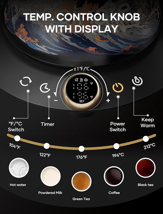 Cocinare FLOW M9 Electric Gooseneck Kettle, ±1℉ Temperature Control for Pour-over Coffee & Tea, Stainless Steel Interior, Quick Heating for Boiling Water (Wave)