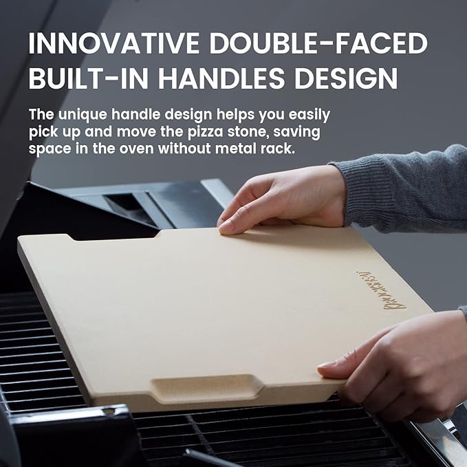 Large Pizza Stone, 16"x14" Rectangular Pizza Stone for Oven Grill BBQ, Baking Stone for Pizza Bread, Unique Built-in 4 Handles Cooking Stone