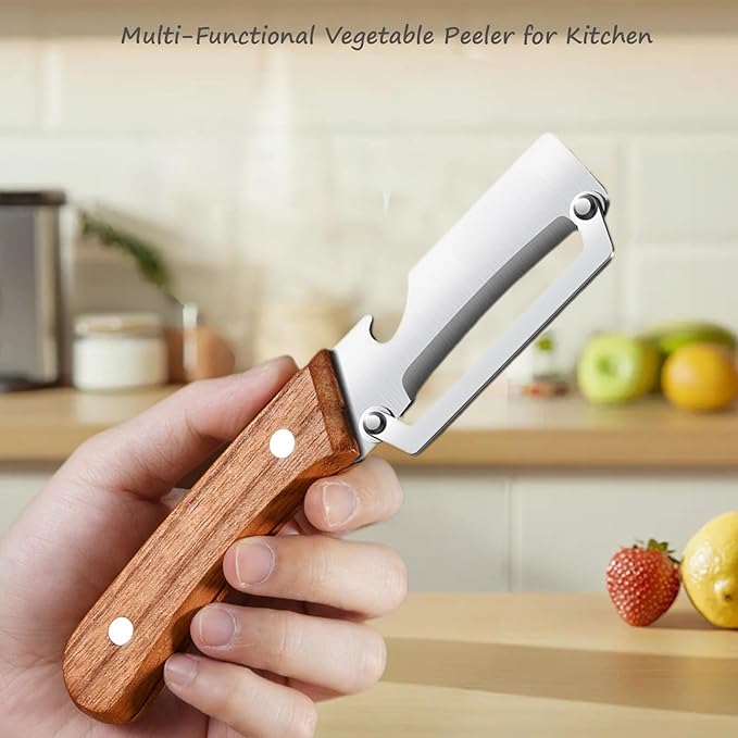 Multi-Functional Vegetable Peeler for Kitchen, Stainless Steel Sharp Blades Carrot Potato Peeler with Wooden Handle and Bottle Opener Kitchen Tool for Fruit Veggie Pumpkin Papaya Zucchini (1 Pcs)