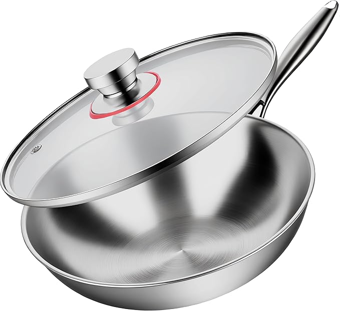 LOLYKITCH Tri-Ply 13 Inch Stainless Steel Wok Pan with Lid, Stir-Frying Pan,Induction Wok,Dishwasher and Oven Safe,Heavy Duty and Detachable handle.