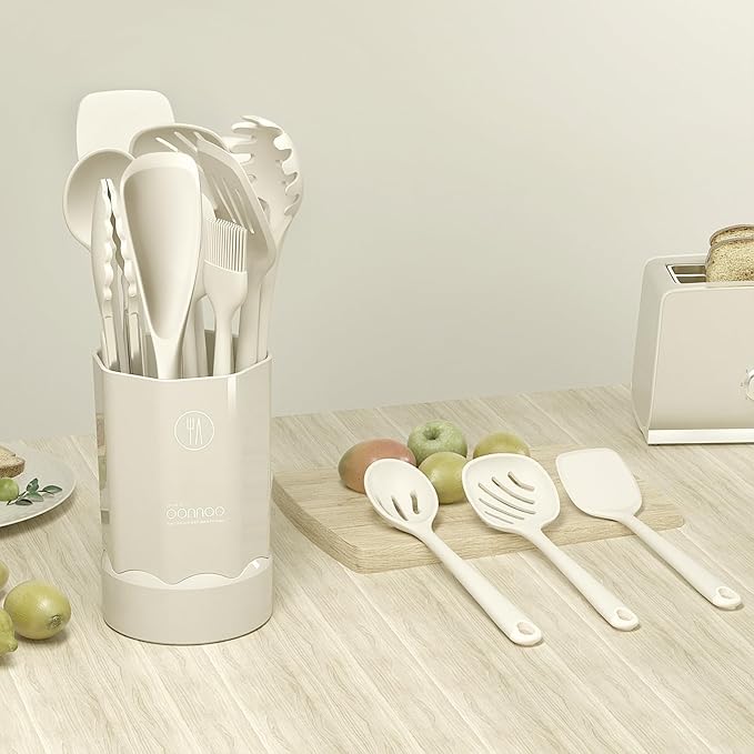 Thickened Silicone Kitchen Utensils Set, 600°F Heat Resistant Silicone Cooking Utensils, Spatula, Spoon, Whisk, Tongs, Kitchen Gadgets for Nonstick Cookware, Dishwasher Safe BPA Free (Cream White)