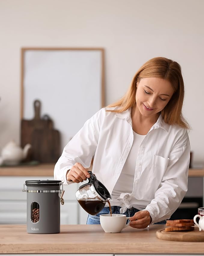 Veken Coffee Canister with Window,Airtight Stainless Steel Kitchen Food Storage Container, Date Tracker & Scoop for Grounds Coffee, Beans, Tea, Flour, Cereal,Sugar,22OZ,Grey