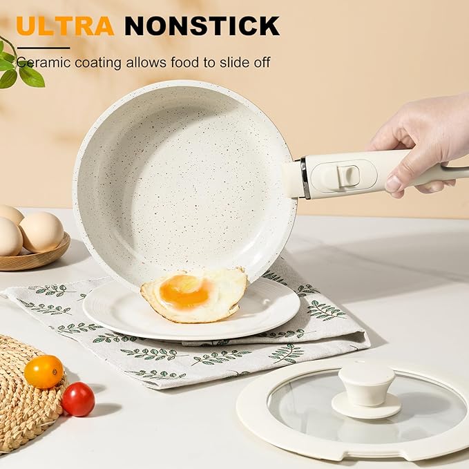 Pots and Pans Set Non Stick 20PCS, Ceramic Cookware Set Detachable Handle Non Toxic Stackable Kithchen Set, Dishwasher Oven Safe Induction Compatiable Frying Pans Pots Skillets, White