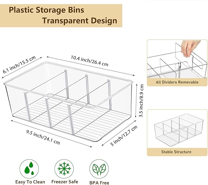 8 Pack Refrigerator Organizers and Storage,Clear Plastic Storage Bins with 3 Dividers for Pantry,Kitchen,Fridge Organization and Storage,Snack Containers for Spice Packets,Tea bag organizer