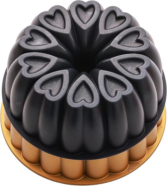 Heart Shape Aluminum Cake Pan, Titanium Coating, Non-Stick, 12 Cups, Gifts for Mom, 10 Inch Baking Mold, Cast Aluminum Fluted Tube Pan, Easy to Clean (2-Pack, Black-Gold)