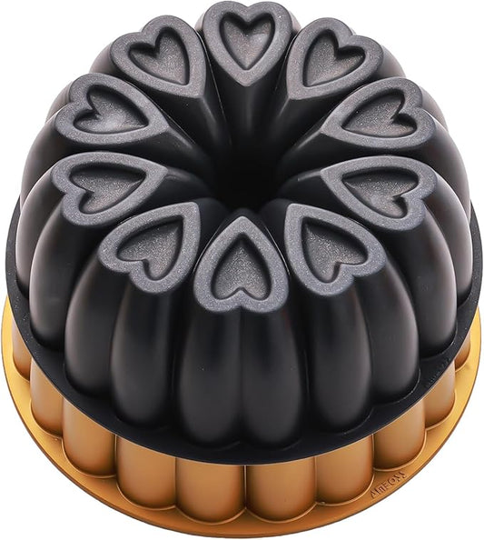 Heart Shape Aluminum Cake Pan, Titanium Coating, Non-Stick, 12 Cups, Gifts for Mom, 10 Inch Baking Mold, Cast Aluminum Fluted Tube Pan, Easy to Clean (2-Pack, Black-Gold)