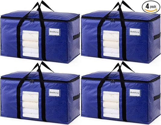 TAILI 4 Pack Dark Blue Extra Large Moving Bags, Heavy Duty Totes with Visible Window, Wrap Around Handles, Great for Storage