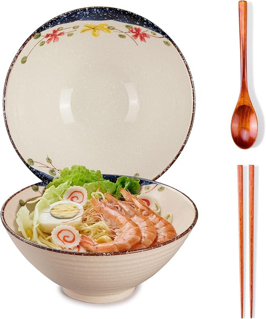 40 OZ ceramic ramen bowls, 8 IN large Japanese noodle soup bowl, match chopsticks and spoons, suitable for Pho, Udon Asian noodles (Colorful flowers)