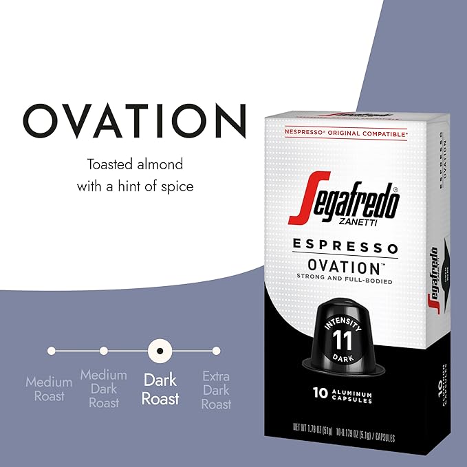 Segafredo Zanetti Espresso Capsules – Aluminum Pods for Nespresso Original Machines – Dark Roast Premium Espresso with a Full-Bodied Aroma – Strong, Intensity 11 – Ovation, 10 Count