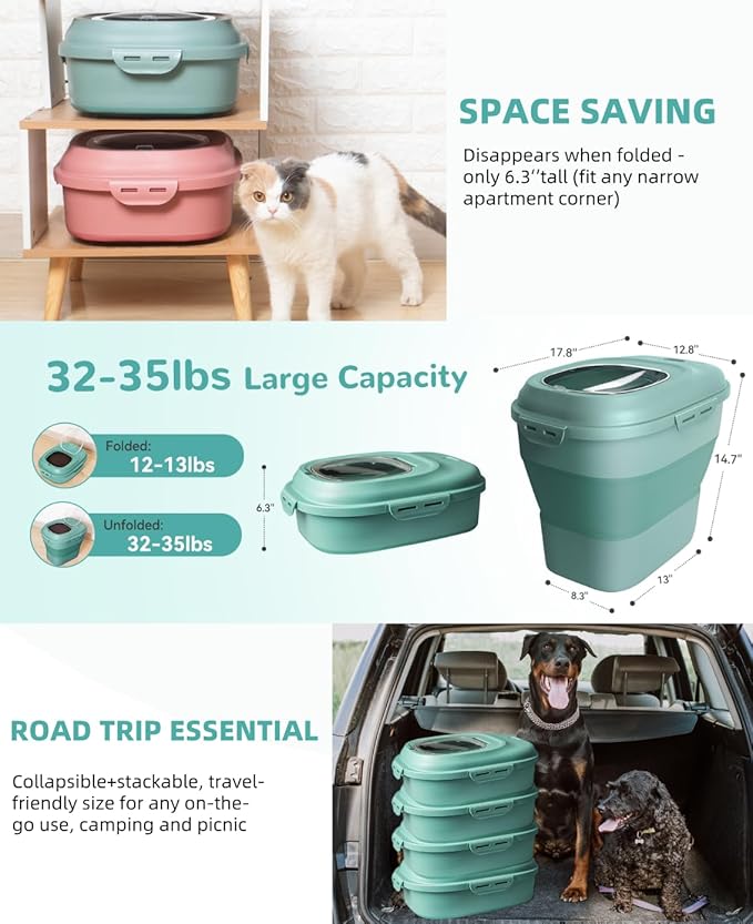 30-35 Lbs Dog Food Storage Container Collapsible Dog Food Container with Airtight Lids, Wheels, Scoop and 2pcs Food Storage Containers, Large Pet food storage for Dog, Cat (Green)
