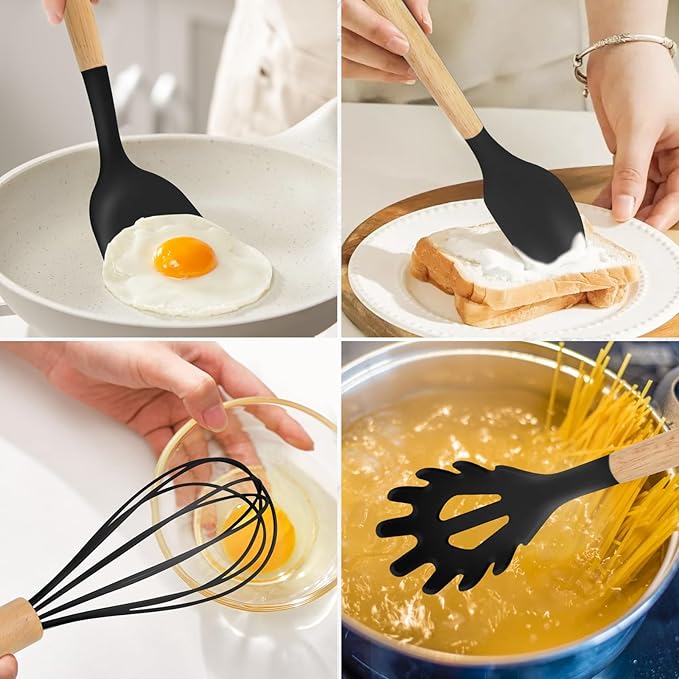 12-Piece Silicone Kitchen Utensils Set with Wooden Handle, Non-Stick & Heat Resistant Cooking Utensils (446°F), Includes Spatula, Spoon, Turner, Tongs, Whisk, Great for Home Cooks-Black