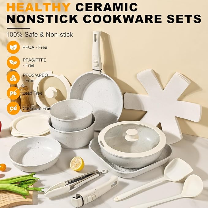 Pots and Pans Set Non Stick 20PCS, Ceramic Cookware Set Detachable Handle Non Toxic Stackable Kithchen Set, Dishwasher Oven Safe Induction Compatiable Frying Pans Pots Skillets, White