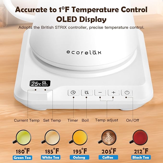 ECORELAX Gooseneck Electric Kettle, ±1℉ Temperature Control Pour Over Kettle for Coffee, Tea & Water, Stainless Steel 1200 W Keep Warm OLED Display 1 L (White)