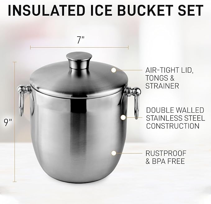Zulay Kitchen Premium Stainless Steel Double-Wall Insulated Ice Bucket Kit – 3L, Leak-Proof, Stylish Drink Cooler for Parties, Cocktails, Wine, and Whiskey – Perfect for Home & Bar Use