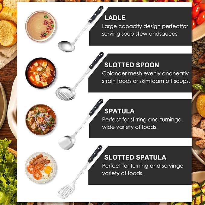 Pleafind 4-Pcs Cooking Utensils Set, Stainless Steel Kitchen Utensils, Mirror Polished Kitchen Essentials Set Include Wok Ladle, Slotted Spoon, Wok Spatula ＆Slotted Spatula, Dishwasher Safe