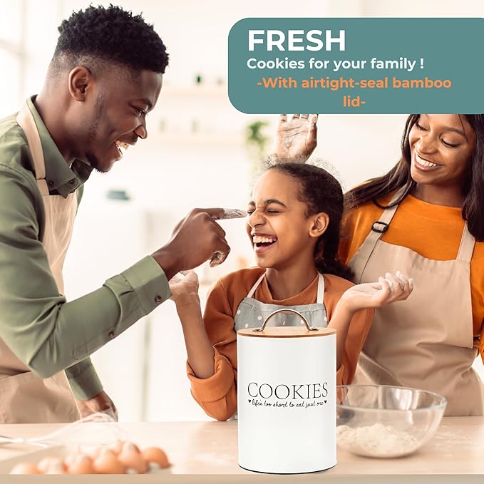 D'Lifeful Cookie Jar with Airtight Bamboo Lid – 1.1 Gallon Cute and Decorative Cookie Storage for Kitchen Countertop – Farmhouse Storage Tin for Freshness – Great Gift Idea