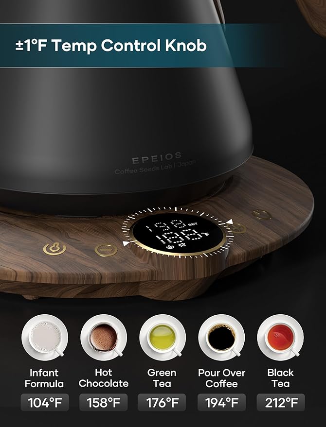 Electric Kettles, INTASTING Gooseneck Electric Kettle, ±1℉ Temperature Control, Stainless Steel Inner, Quick Heating, for Pour Over Coffee, Brew Tea, Boil Hot Water, 0.9L (Glossy Black)