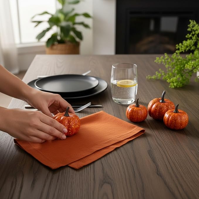 Hemstitched Linen Napkins – 20 Inch x 20 Inch – Stonewashed Pure Linen Cloth Dinner Napkins with Mitered Corners - 100% French Flax – Machine Washable - Set of 4 (Sunset Orange)