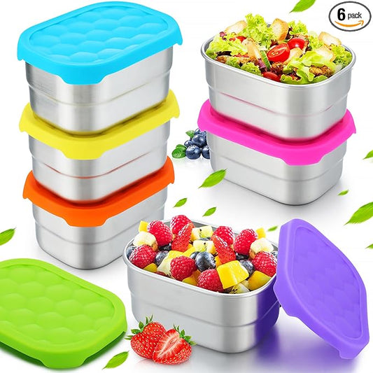 Layhit 6 Pcs Stainless Steel Snack Containers for Kids, 8 oz Lunch Containers with Silicone Lids Small Reusable Metal Food Box for Child Daycare School Home Storage Supplies(Vivid Color)