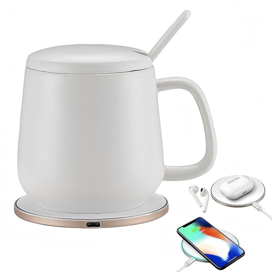 Smart Temperature Control Mug, 13 Oz Premium Ceramic Coffee Cup with 15W Wireless Charger, Charges Phones, Ceramic White