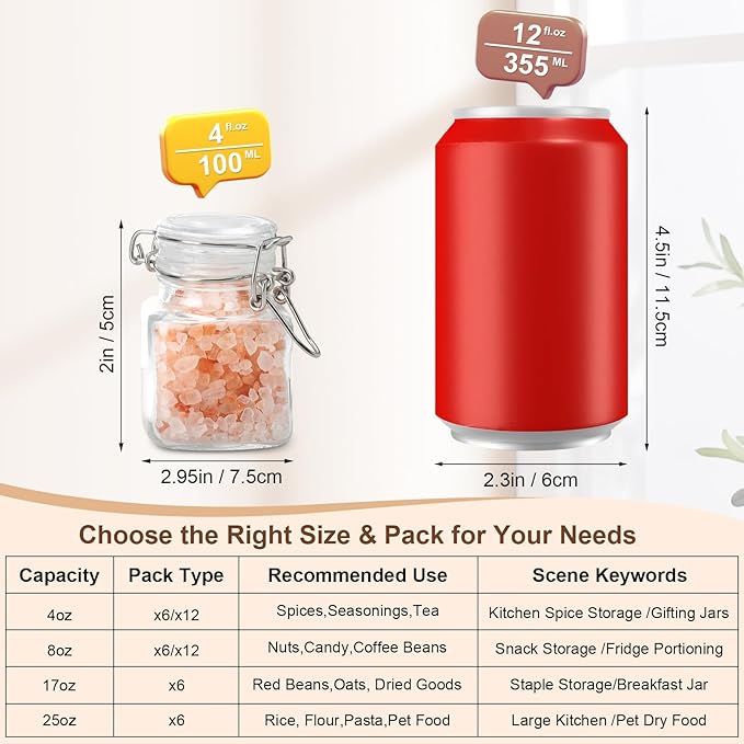 4oz Glass Jars with Lids, Set of 12 Mini Airtight Containers & Canisters, Small Mason Canning Jars with Wire Clip Seal for Spices, Jam, Honey, Kitchen & Wedding