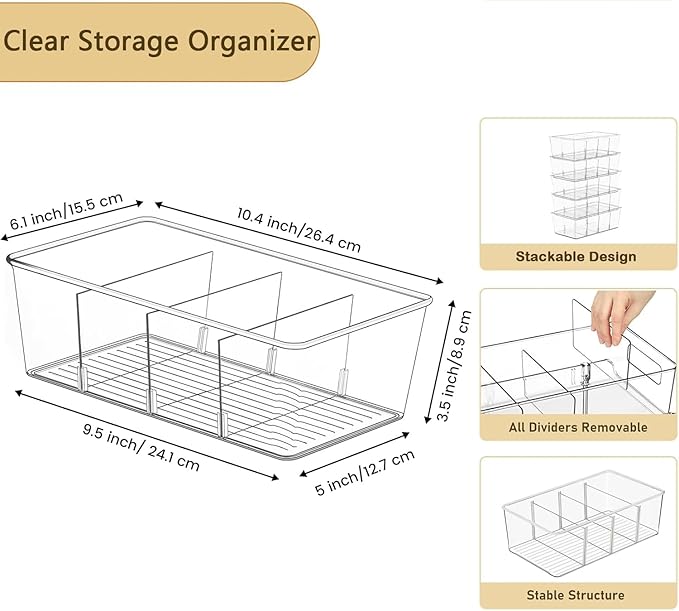 5 Pack Pantry Organizers and Storage,4 compartment Snack Containers for Kitchen,Fridge,Refrigerator Organization and Storage,Clear Plastic Bins for Spice,Tea bag,Seasoning organizer