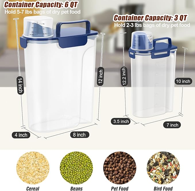 TBMax 2 Pack Cat Dog Food Storage Containers 8 to 10 Lbs, Portable Travel Pet Container Dispenser with Easy-Pouring Spout & Cup, Airtight Bird Seed Container Dog Treat Storage Bin