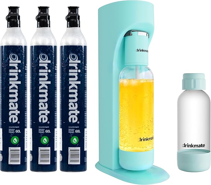 Drinkmate OmniFizz Sparkling Water and Soda Maker, Carbonates Any Drink, ULTIMATE BUNDLE - Includes three 60L CO2 Cylinders, Two Carbonation Bottles, and Fizz Infuser (Arctic Blue)