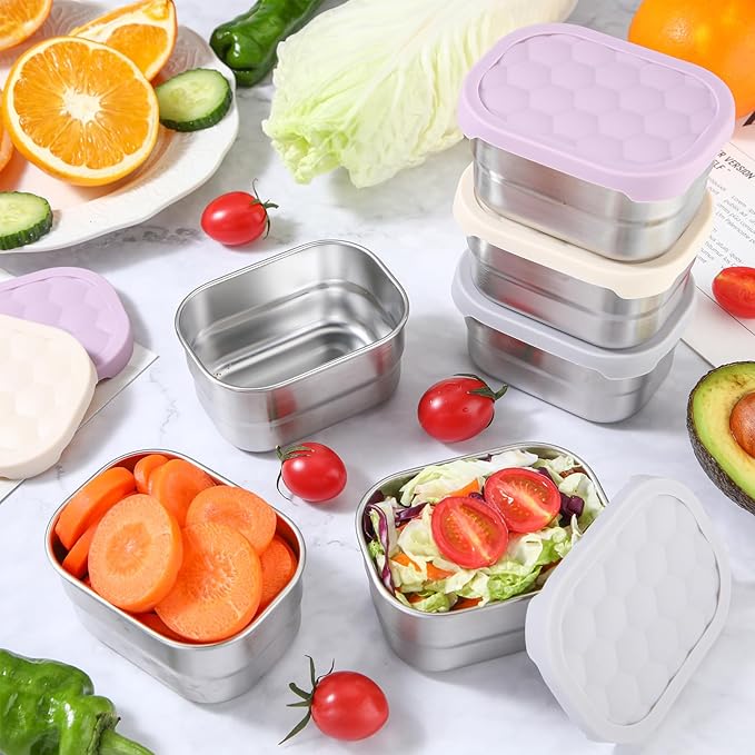 Layhit 6 Pcs Stainless Steel Snack Containers for Kids, 8 oz Lunch Containers with Silicone Lids Small Reusable Metal Food Box for Child Daycare School Home Storage Supplies(Stylish Color)
