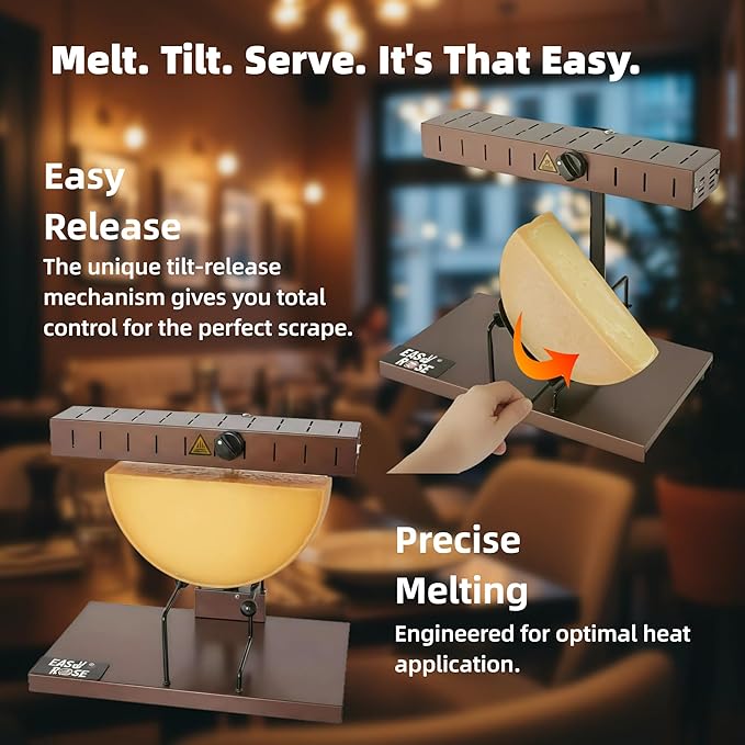 Commercial Electric Raclette Cheese Melter Grill – 850W with Tilt-Release Pan, Rack & Pinion Height Control for Half-Wheels Cheeses Countertop Melt Station for Restaurants & Catering Kitchens