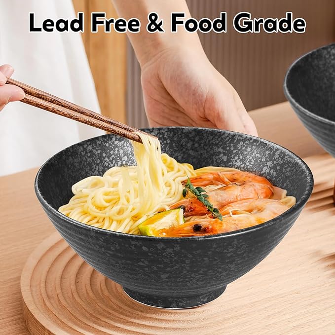 40 OZ ceramic ramen bowls, 8 IN large Japanese noodle soup bowl, match chopsticks and spoons, suitable for Pho, Udon Asian noodles (Black color)