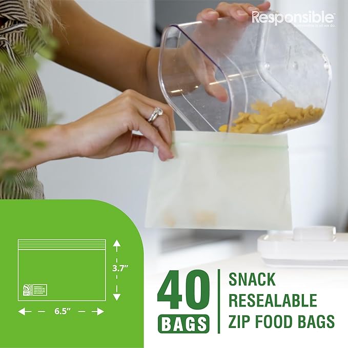 Certified Compostable SNACK Resealable Zip Bag, Extra Strength Food Bags, Plant-Based Freezer-Safe (40 Pack)