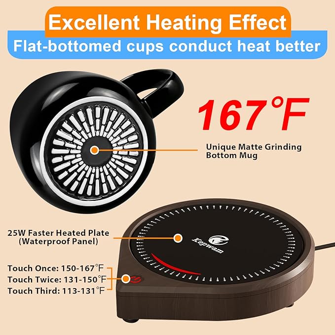 Coffee Mug Warmer & Kepwam Mug Set, 3 Temp Settings up to 167℉, Gravity Sensor & Light Display, Cup Warmer with 6H Auto Shut Off, Idealt Gift for Dad Mom, Beverage Warmer for Heats Coffee, Tea & More