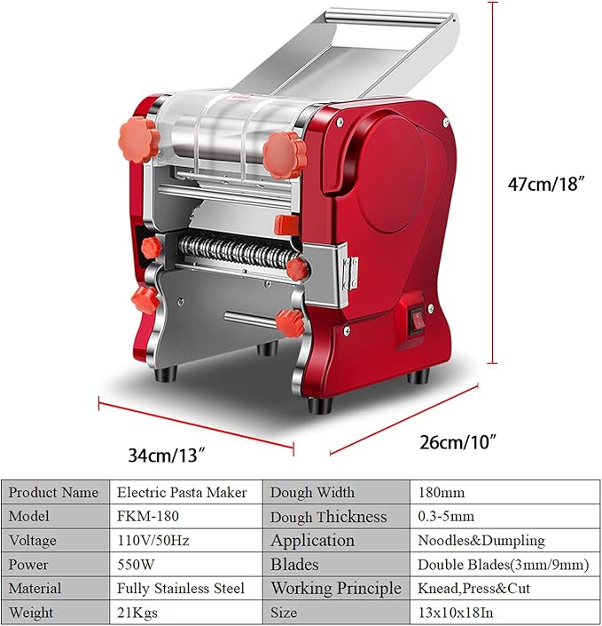 Pasta Making Machine,Electric Noodle&Dumpling Maker For Home/Commercial Use,Full Stainless Steel Dual Knife No Disassembled-3/9mm Width Noodle/0.3-5mm Thickness Dough-Auto Noodle Cutter.