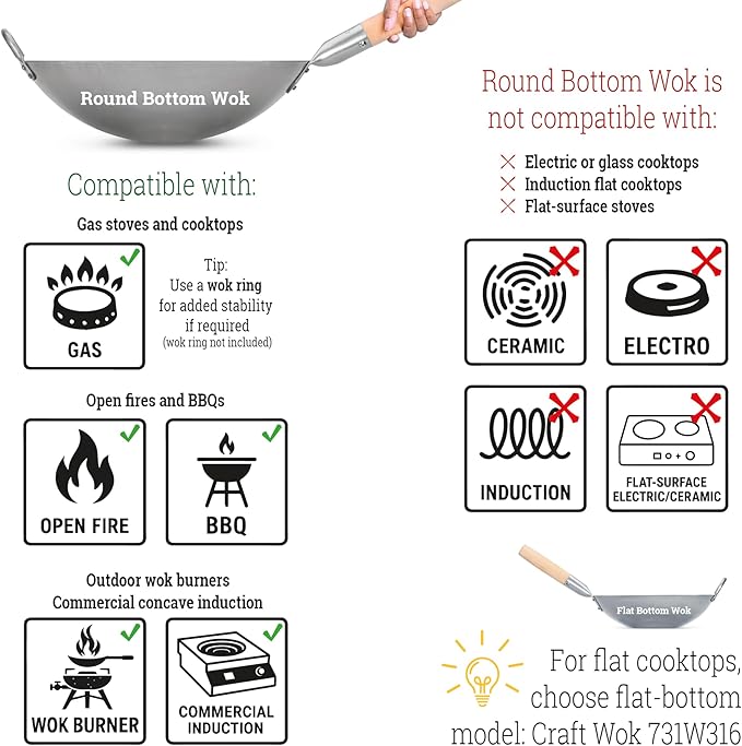 Craft Wok Traditional Hand Hammered Chinese Carbon Steel Wok with Wooden and Steel Helper Handle (14 Inch, Round Bottom Pow Wok Pan) / 731W88