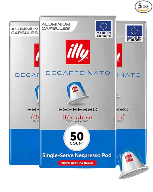 illy Aluminum Espresso Capsules - Compatible with Nespresso Machines - Decaf Coffee - Mild & Balanced - Notes of Caramel and Chocolate - Single Serve Capsules - 10 Count (Pack of 5)