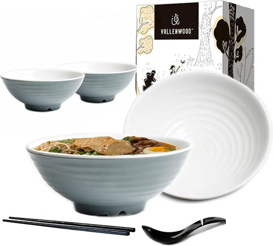4 Ramen Bowls, 12 pieces Pho set. Gray White Asian Japanese soup. Utensil: Spoons And Chopsticks kit. Melamine. Large 37 oz. Noodles, Rice, Udon, Thai, Chinese, Korean, Wonton, Miso.