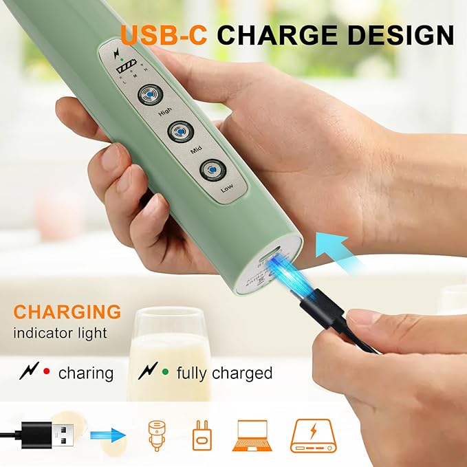 YUSWKO Granite Green Handheld Milk Frother Wand for Coffee, Rechargeable Electric Whisk with 3 Heads 3 Speeds Drink Mixer Coffee Frother For Latte, Cappuccino, Hot Chocolate, Egg