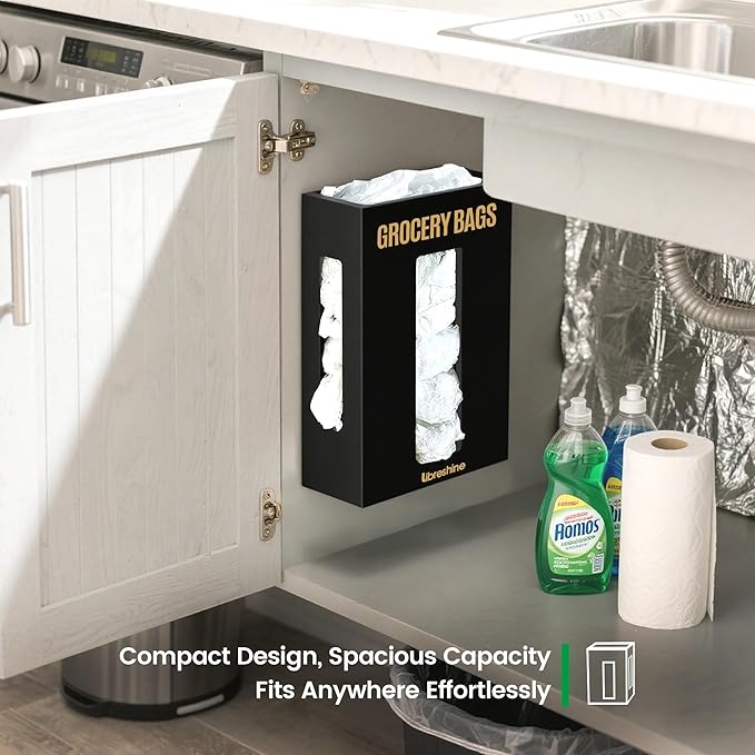 Extra Large Bamboo Plastic Bag Holder Black- Under Sink, Cabinet & Wall Mount Storage - Multipurpose Gorcery Bag Organizer with Space-Saving Design for Kitchen, Pantry, Bathroom, Garage