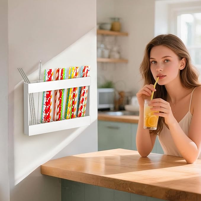 9.5" Acrylic Straw Holder with Double Sided Adhesive and Stickers,Reusable Straws Organizer Storage Dispenser for Counter Cabinet Cupboard Kitchen Door (White)